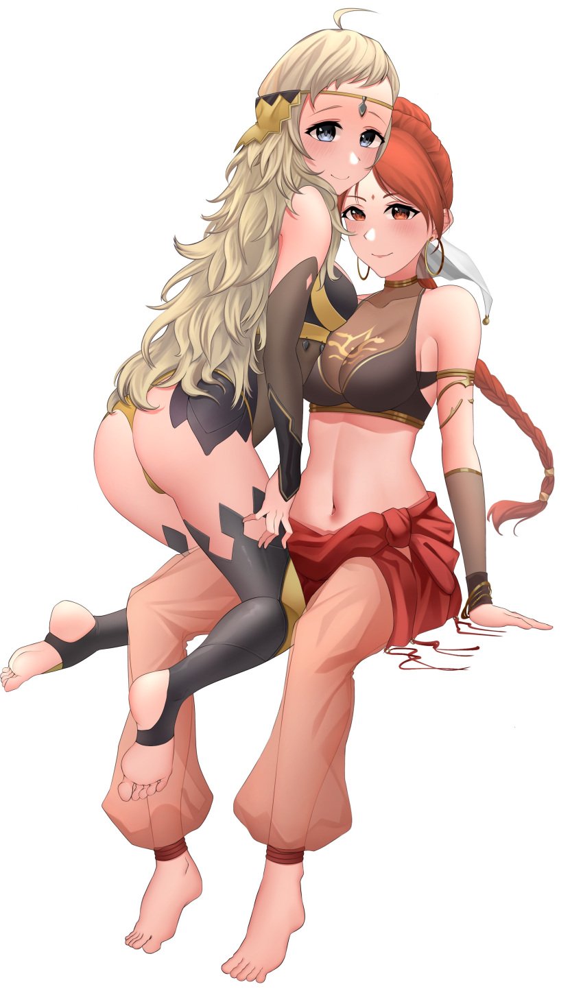 2girls absurdres ahoge ass bangs bare_shoulders barefoot blonde_hair bodystocking bracelet braid braided_ponytail breasts cleavage commission croenji fire_emblem fire_emblem:_the_sacred_stones fire_emblem_fates grey_eyes highres jewelry long_hair looking_at_viewer medium_breasts multiple_girls nintendo ophelia_(fire_emblem) panties red_eyes red_hair tethys_(fire_emblem) thighhighs toeless_legwear underwear yellow_panties