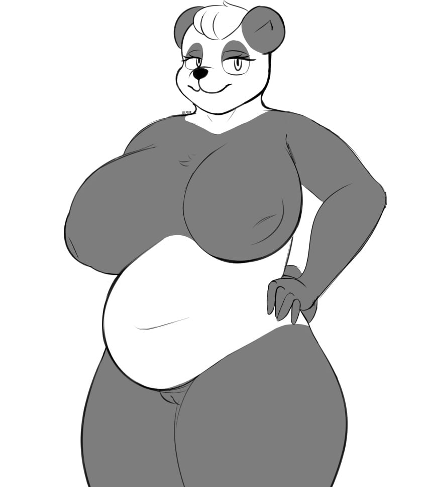 absurd_res anthro bear belly big_belly big_breasts breasts eyelashes female fur genitals giant_panda hair hi_res looking_at_viewer mammal monochrome nipples nude overweight pussy simple_background sleepingpowder smile solo sueli_(joaoppereiraus) thick_thighs ursid white_body white_fur