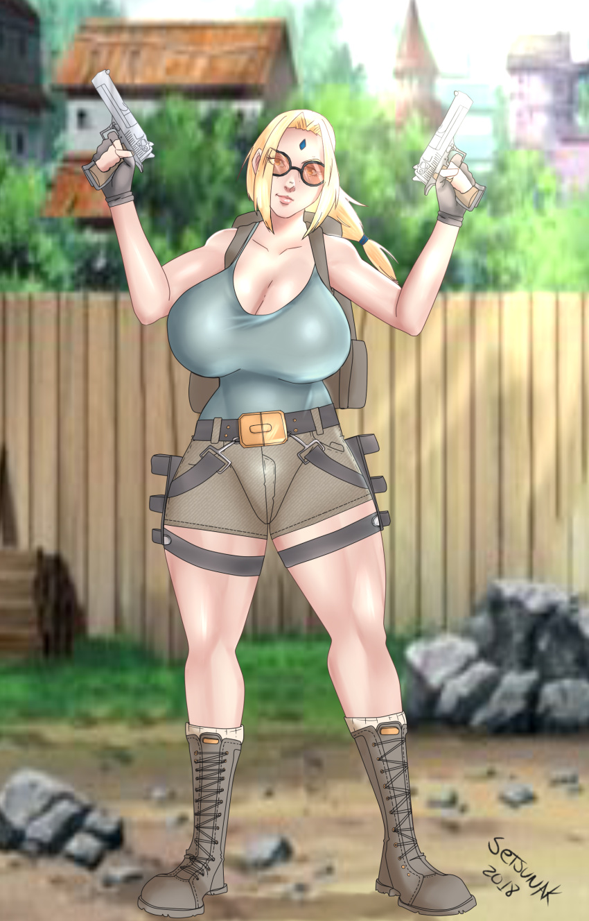 1girls alternate_version_available backpack belt big_breasts black_gloves blonde_hair boots boruto:_naruto_next_generations brown_eyes busty cleavage clothed clothing cosplay crossover curvaceous curvy curvy_figure embracer_group female female_focus female_only fingerless_gloves footwear forehead_jewel forehead_mark fully_clothed glasses gloves hourglass_figure knee_boots kneehighs lara_croft_(cosplay) large_breasts looking_at_viewer mature mature_female naruto naruto_(classic) naruto_(series) naruto_shippuden outdoors outside pale-skinned_female pale_skin pinup pistol ponytail pose posing red-tinted_eyewear setsunak short_shorts shorts shounen_jump sleeveless sleeveless_shirt solo solo_female solo_focus standing sunglasses tank_top tied_hair tinted_eyewear tomb_raider tsunade vest voluptuous weapon wide_hips yellow_hair