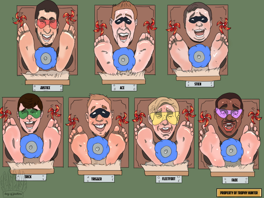 7boys blonde_hair brown_hair dark-skinned_male feet gnilkcitxd king-of-feathers king_of_feathers laughing light-skinned_male male_feet male_only male_tickling multiple_boys superhero sweat sweating through_wall tickle_fetish tickle_torture tickling tickling_feet trophy_wall