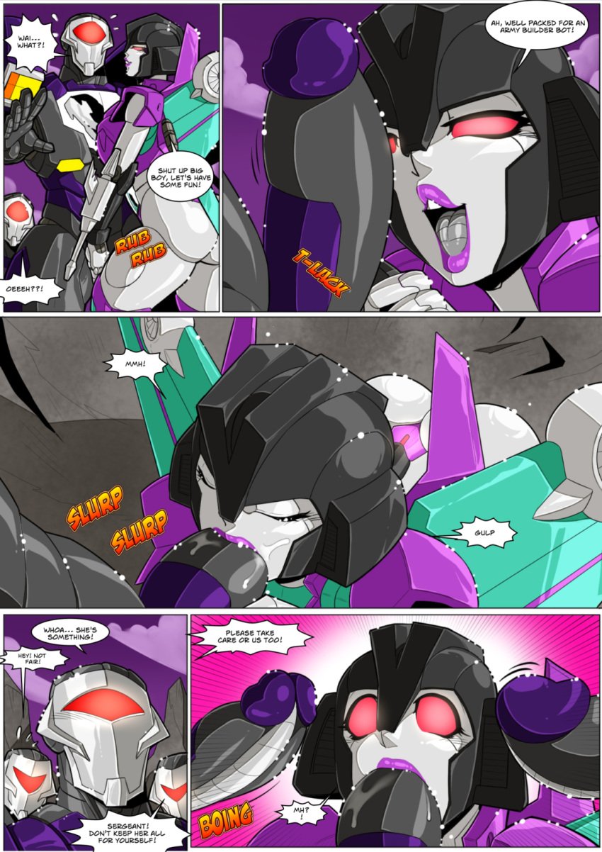 1girls 3boys alien alien_girl armor big_breasts blowjob breasts busty comic comic_page decepticon female female_focus mad-project multicolored_body multiple_boys oral red_eyes robot_humanoid seductive seductive_look slipstream thick_thighs transformers transformers_animated transformers_prime vehicon