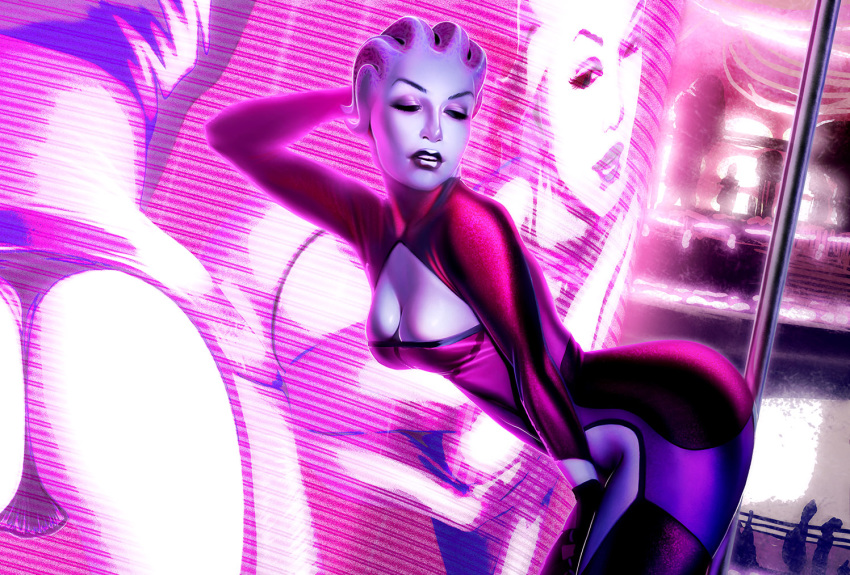 1girls andrew_hibner arched_back asari ass bodysuit looking_back mass_effect pole pose solo