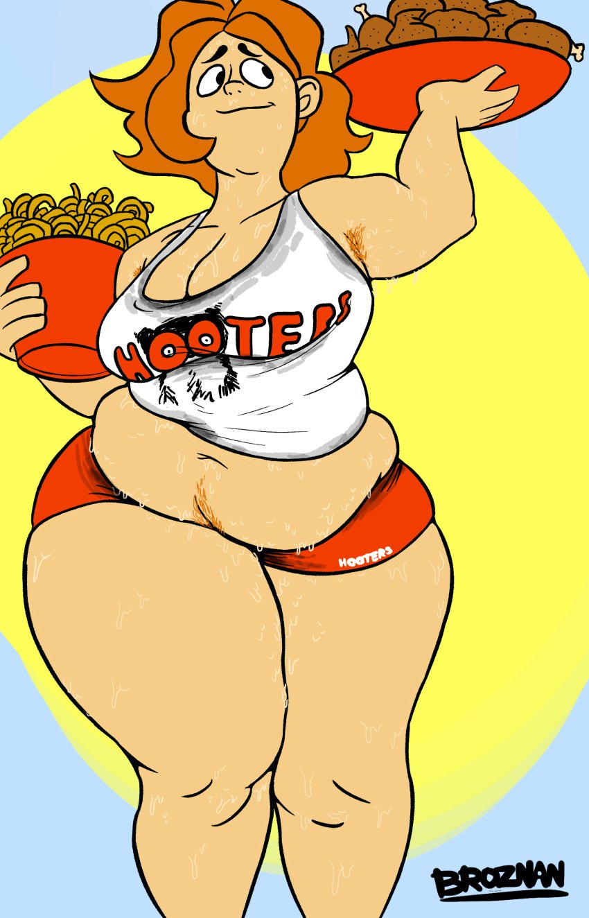 armpit_hair bbw bbw_mom big_ass big_belly big_breasts big_thighs broznan chubby chubby_female cleavage food happy_trail hooters judy_abbott_(twelve_forever) milf muffin_top orange_hair overweight overweight_female pubic_hair serving_tray short_shorts sweat sweat_stain sweatdrop tank_top twelve_forever waitress wide_hips