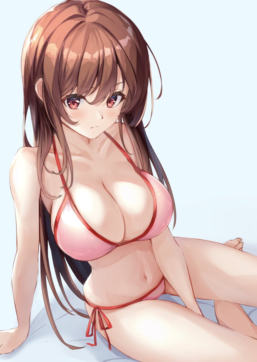 bangs bare_legs barefoot between_legs bikini breasts brown_eyes brown_hair clavicle cleavage eyebrows_visible_through_hair feet female foot_out_of_frame frown hand_between_legs high_resolution kanojo_okarishimasu large_breasts legs long_hair looking_at_viewer mizuhara_chizuru navel pink_bikini pink_swimsuit side-tie_bikini sidelocks simple_background sitting solo swimsuit thighs tkb toes very_high_resolution wata0933