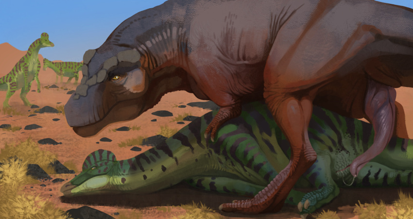 animal_genitalia cloaca corythosaurus detailed_background dinosaur female feral feral_on_feral genitals hadrosaurid landscape male male/female ornithischian outside paleoart penis plant prehistoric reptile rock scalie shrub sky stygimoloch_(artist) theropod tyrannosaurid tyrannosaurus tyrannosaurus_rex