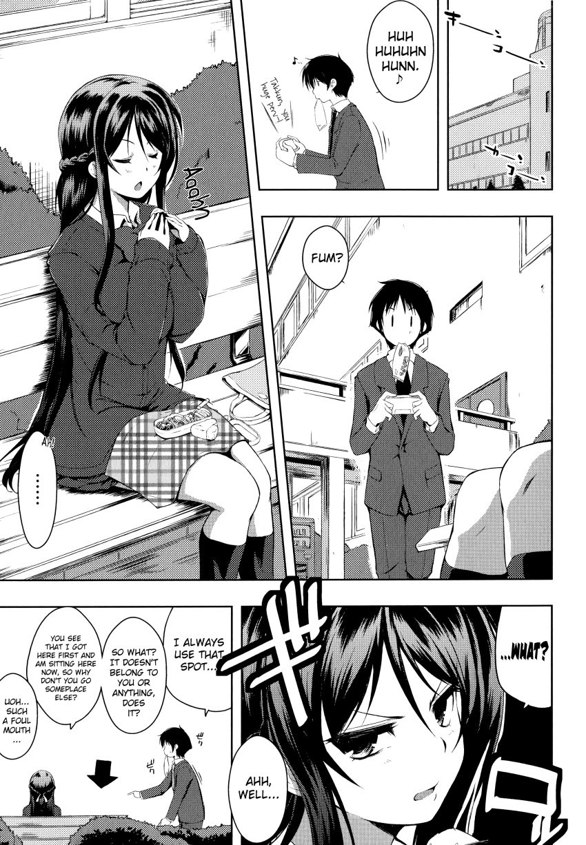 1boy 1boy1girl 1girls angry black_and_white black_hair comic eating english_text female food kaiduka long_hair looking_at_another male male/female manga school school_uniform schoolgirl short_hair speech_bubble story teenager text yandere