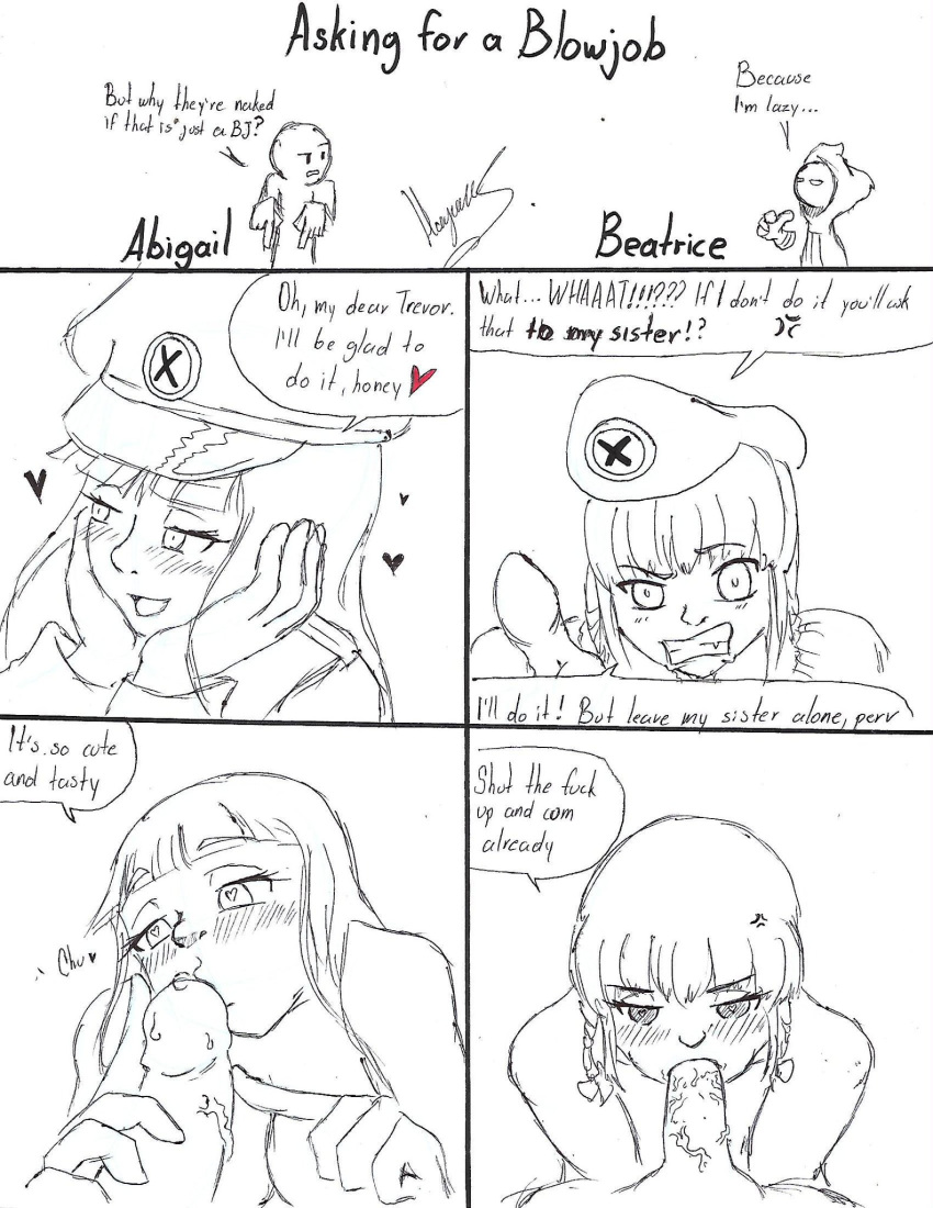 1boy 2019 2girls abigail_(metal_slug) age_difference angry angry_face aqua_eyes beatriz_(metal_slug) beret big_breasts big_penis black_and_white blush boyfriend-girlfriend clenched_teeth comic comic_page couple english_text faceless_male fellatio handjob intimidation kissing kissing_penis long_hair metal_slug metal_slug_attack military military_hat nude nude_female nude_male oral penis_vein pink_hair rebel_army seductive seres_hagane short_hair sisters snk sucking text trevor_spacey veiny_penis