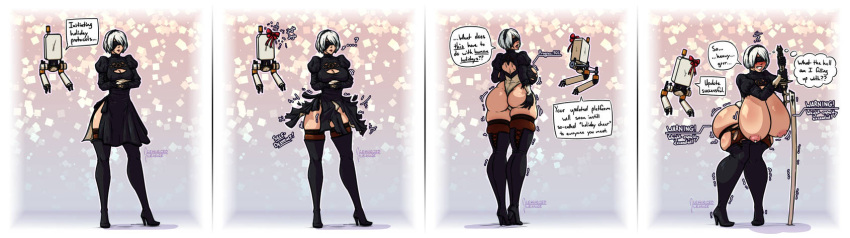 1girls areolae ass ass_expansion ass_growth blindfold breast_expansion breast_growth breasts breasts_bigger_than_head breasts_out clothed comic expansion female growth headband huge_ass huge_breasts hyper_ass hyper_breasts lactation leotard nier:_automata nipples pod_(nier) pressurizedpleasure solo solo_female text thick_thighs thighhighs torn_clothes torn_clothing white_hair yorha_2b