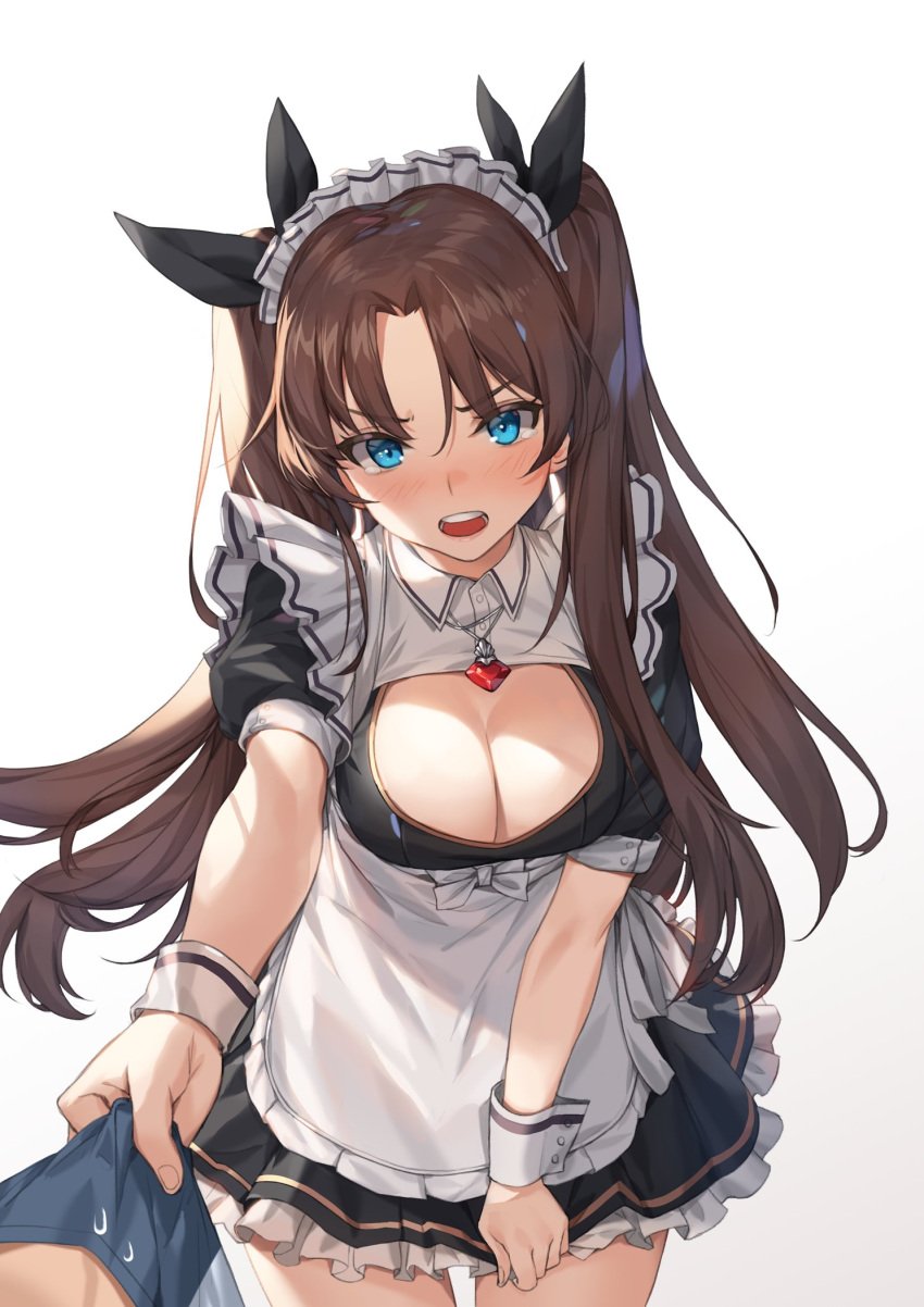 apron black_ribbon blue_eyes blush breasts brown_hair cleavage clothing cutout dress dress_tug emiya_shirou fate/stay_night fate_(series) female hair_ornament hair_ribbon high_resolution jewelry long_hair looking_at_viewer maid maid_headdress maid_uniform medium_breasts no_bra open_mouth pendant piyo_(pixiv_2308057) pulling ribbon simple_background solo tears teenager tied_hair tohsaka_rin twintails type-moon white_background wrist_cuffs