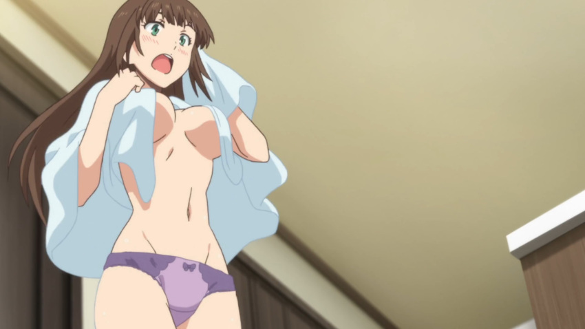 16:9_aspect_ratio breasts brown_hair domestic_na_kanojo green_eyes high_resolution midriff open_mouth pantsu screen_capture screencap surprised tachibana_hina towel underwear