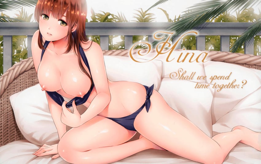 armpits bangs bare_arms bare_legs bare_shoulders belly bikini bikini_bottom bikini_top blush breasts brown_hair clavicle cleavage clothing colored_skin domestic_na_kanojo female female green_eyes high_resolution huge_breasts large_filesize legs long_hair looking_at_viewer lying navel nipples official_art open_mouth parted_lips sasuga_kei swimsuit swimsuit_lift tachibana_hina teeth thighs very_high_resolution white_skin