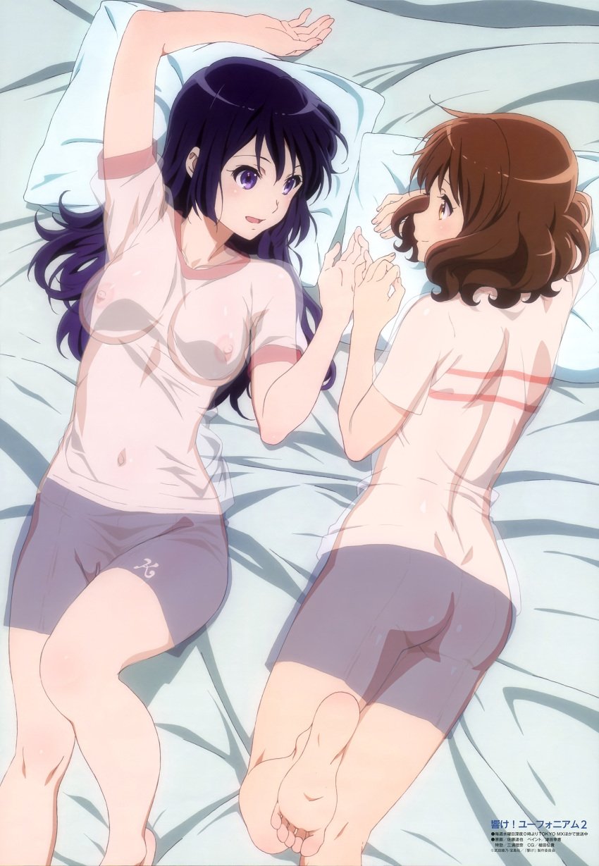 2girls ass barefoot bed bed_sheet bent_knees black_hair blush breasts brown_eyes brown_hair duo feet female gym_shorts gym_uniform happy hibike!_euphonium high_resolution in_profile kousaka_reina kumirei long_hair looking_at_another lying magazine_(source) magazine_scan medium_hair multiple_girls nipples nude_filter on_back on_bed on_side open_mouth oumae_kumiko pillow pinky_swear purple_eyes purple_hair satou_tatsuya scan see-through short_hair shorts smile soles sportswear thighs third-party_edit toes transparent_clothes uniform vagina very_high_resolution yuri