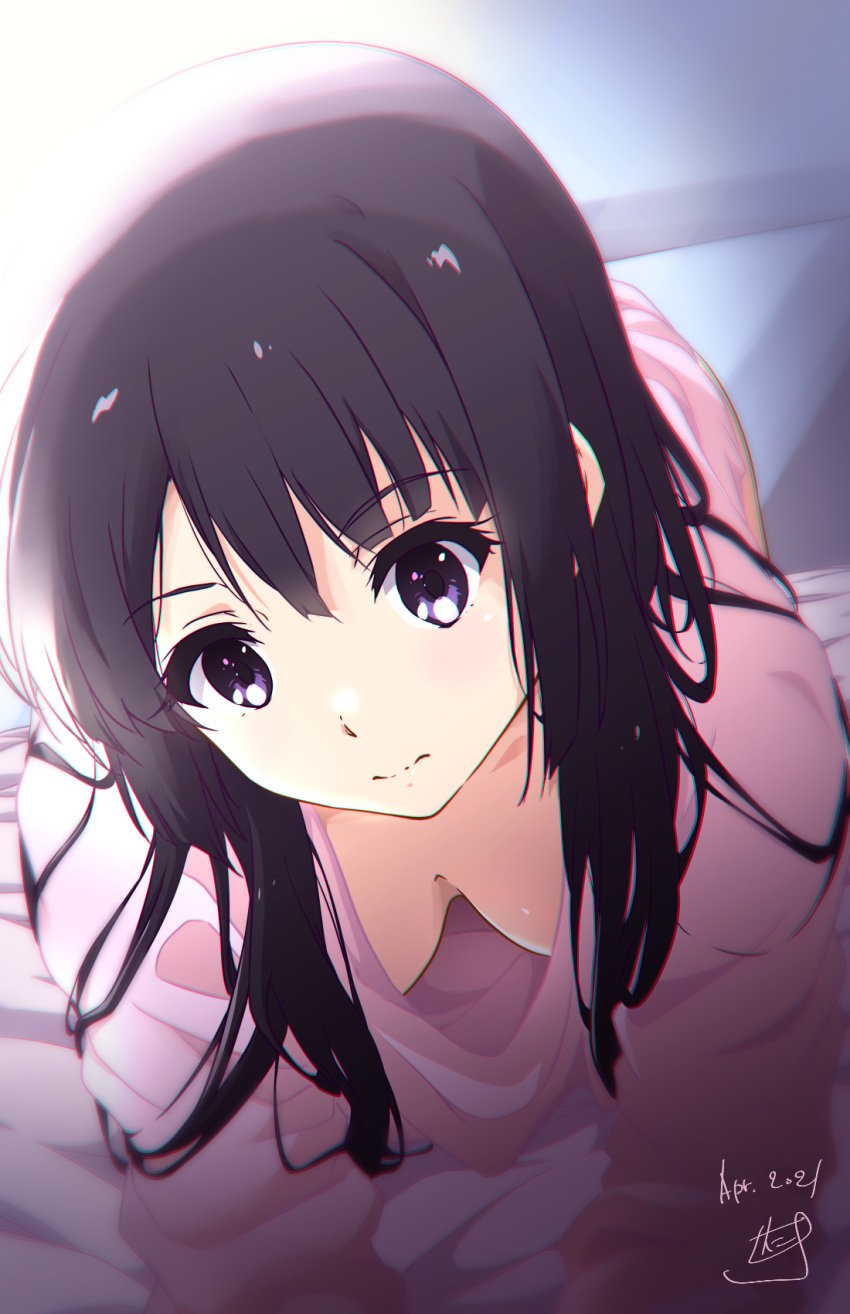 all_fours bed bed_sheet black_hair blurry blurry_background breasts cleavage closed_mouth dated depth_of_field dutch_angle female female female_only hibike!_euphonium high_resolution indoors kousaka_reina large_breasts long_hair long_sleeves looking_at_viewer looking_down nii_manabu no_bra on_bed pajamas pink_pajamas pink_shirt purple_eyes shirt sidelocks signature solo