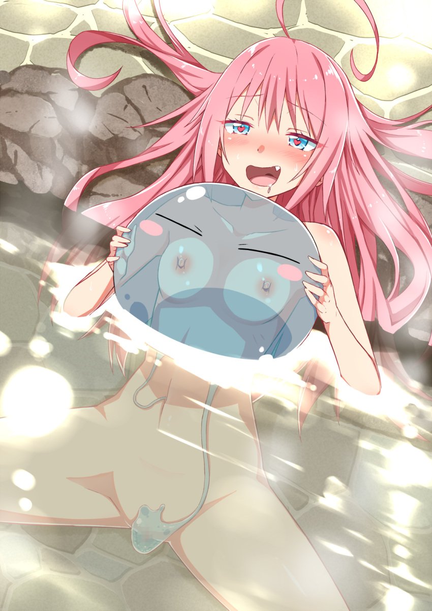 1girls big_breasts blue_eyes blush breasts breasts_on_back censored censored_pussy drooling female fingering fingering_pussy hair_down heart-shaped_pupils horny interspecies milim_nava naked nipples oerba_yun_fang partially_submerged pink_hair pool rimuru_tempest slime slime_monster tensei_shitara_slime_datta_ken thighs water_sex wet yuto