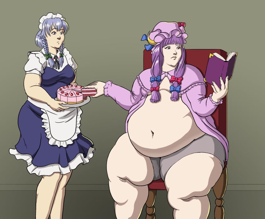 2girls aka-fa bbw belly cake cellulite fat_ass fat_thighs food obese obese_female overweight overweight_female patchouli_knowledge sakuya_izayoi small_breasts ssbbw thick_ass thick_thighs touhou