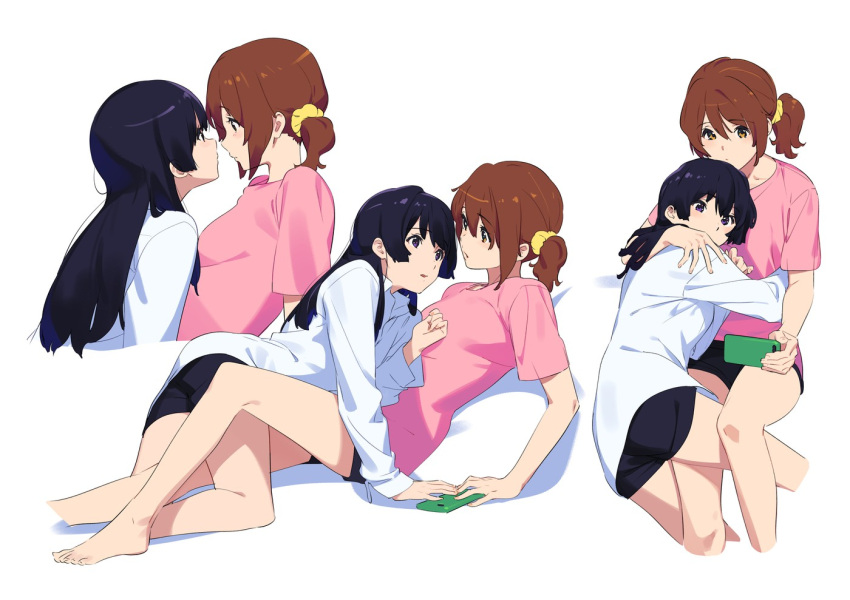 2girls alternative_hairstyle asymmetrical_hair barefoot black_hair black_shorts blush brown_eyes brown_hair casual cellphone character_sheet couple dress_shirt embracing eye_contact feet female female_only full_body hibike!_euphonium high_resolution holding holding_cellphone holding_object holding_smartphone hug kamo_kamen kousaka_reina kumirei long_hair looking_at_another looking_at_viewer lying_on_another multiple_girls multiple_views oumae_kumiko pale-skinned_female pale_skin phone pink_shirt pink_t-shirt ponytail purple_eyes scrunchie shirt short_hair shorts side_ponytail simple_background smartphone symbol t-shirt tied_hair very_high_resolution white_background white_dress_shirt white_shirt yellow_scrunchie yuri