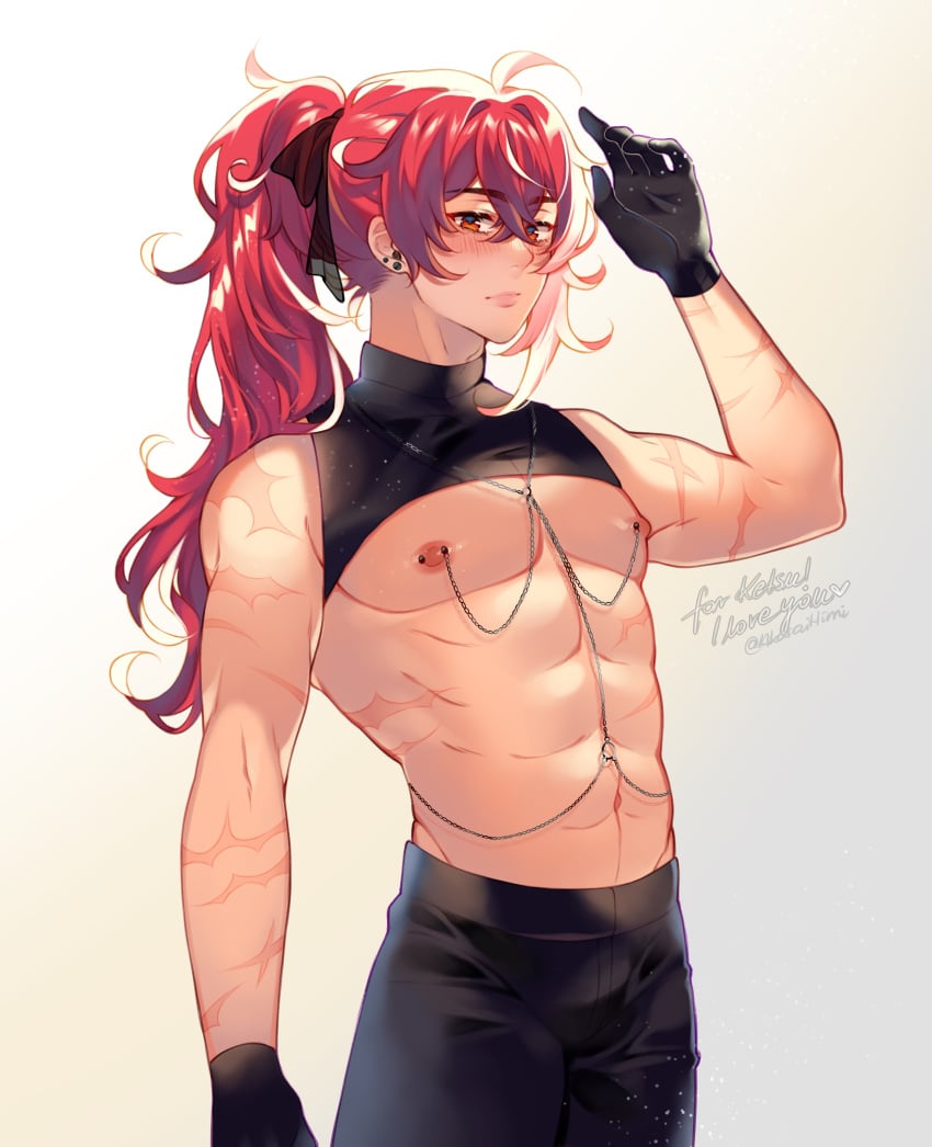 1boy abs akacchi aki_lewdss blush chain diluc_(genshin_impact) genshin_impact male_only muscles muscular muscular_male nipple_piercing nipples partially_clothed piercing red_eyes red_hair scar scars solo_male