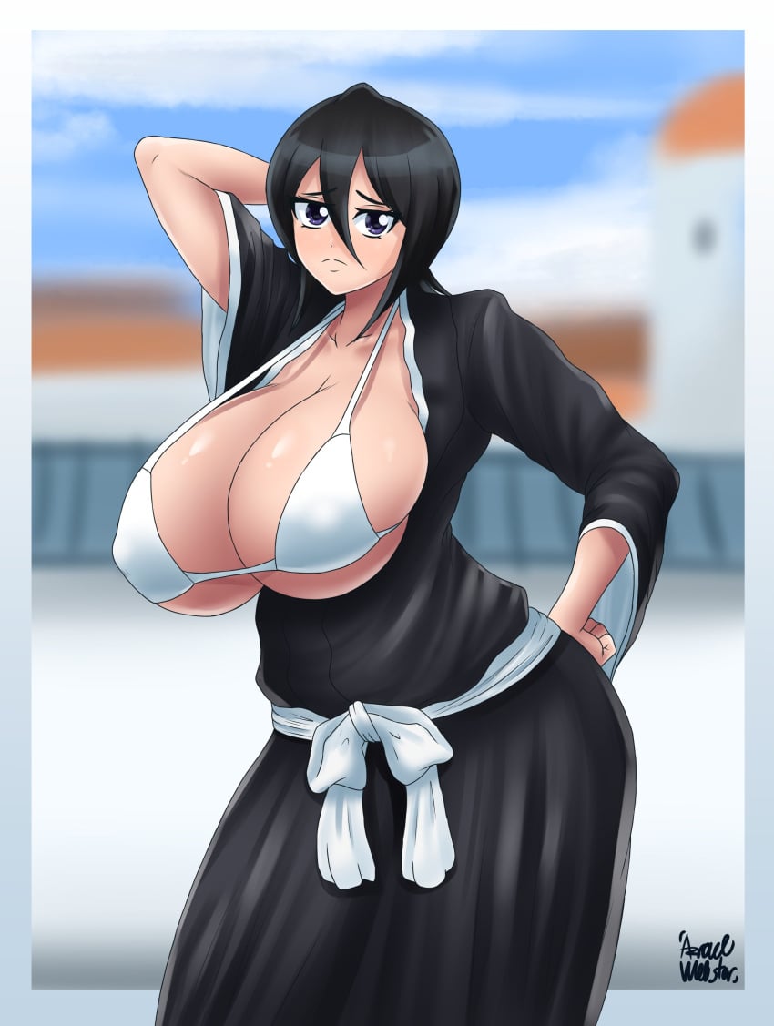 1girls alternate_breast_size arm_behind_head artist_signature azraelwebster black_hair bleach bra breasts breasts_out cleavage collarbone eyebrows_visible_through_hair eyelashes female female_only hair_between_eyes hakama hand_on_hip huge_breasts japanese_clothes kimono kuchiki_rukia large_breasts looking_at_viewer outdoors purple_eyes shihakusho short_hair solo solo_female standing tagme white_bra