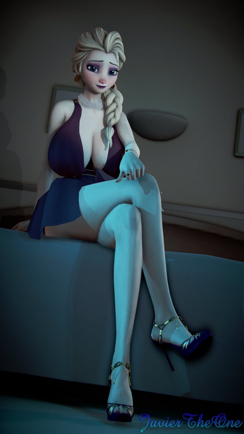 1girls 3d blue_eyes bracelet braid cleavage copy crossed_legs disney earrings elegant_dress elsa_(frozen) eyeshadow female female_only frozen_(film) fully_clothed high_heels huge_breasts indoors javiertheone jewelry legs_crossed lipstick looking_at_viewer makeup necklace purple_eyeshadow purple_lipstick revealing_clothes ring serif40 sitting smile solo tagme thighhighs white_hair