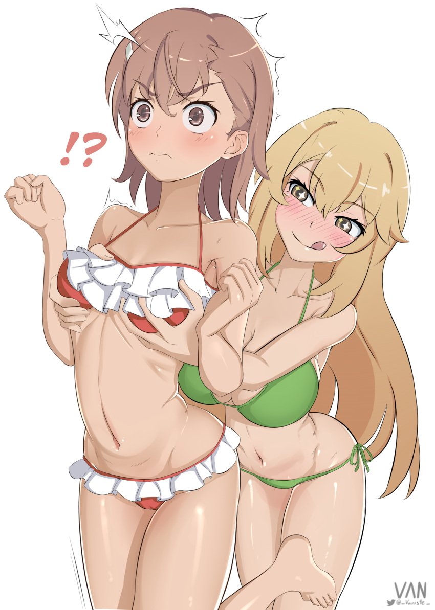 !? 2020s 2022 2girls bare_shoulders barefoot bikini blonde_hair blush breasts brown_eyes brown_hair collarbone embarrassed female female_focus female_only female_pervert grabbing_from_behind green_bikini groping groping_chest hi_res large_breasts matching_hair/eyes misaka_mikoto navel pervert red_bikini shokuhou_misaki signature simple_background small_breasts smirk star_(symbol) star_in_eye string_bikini swimsuit symbol_in_eye teenage_girl teenager teenager_on_teenager to_aru_kagaku_no_railgun to_aru_majutsu_no_index toes tongue tongue_out twitter_username unusual_pupils vaniste white_background young yuri