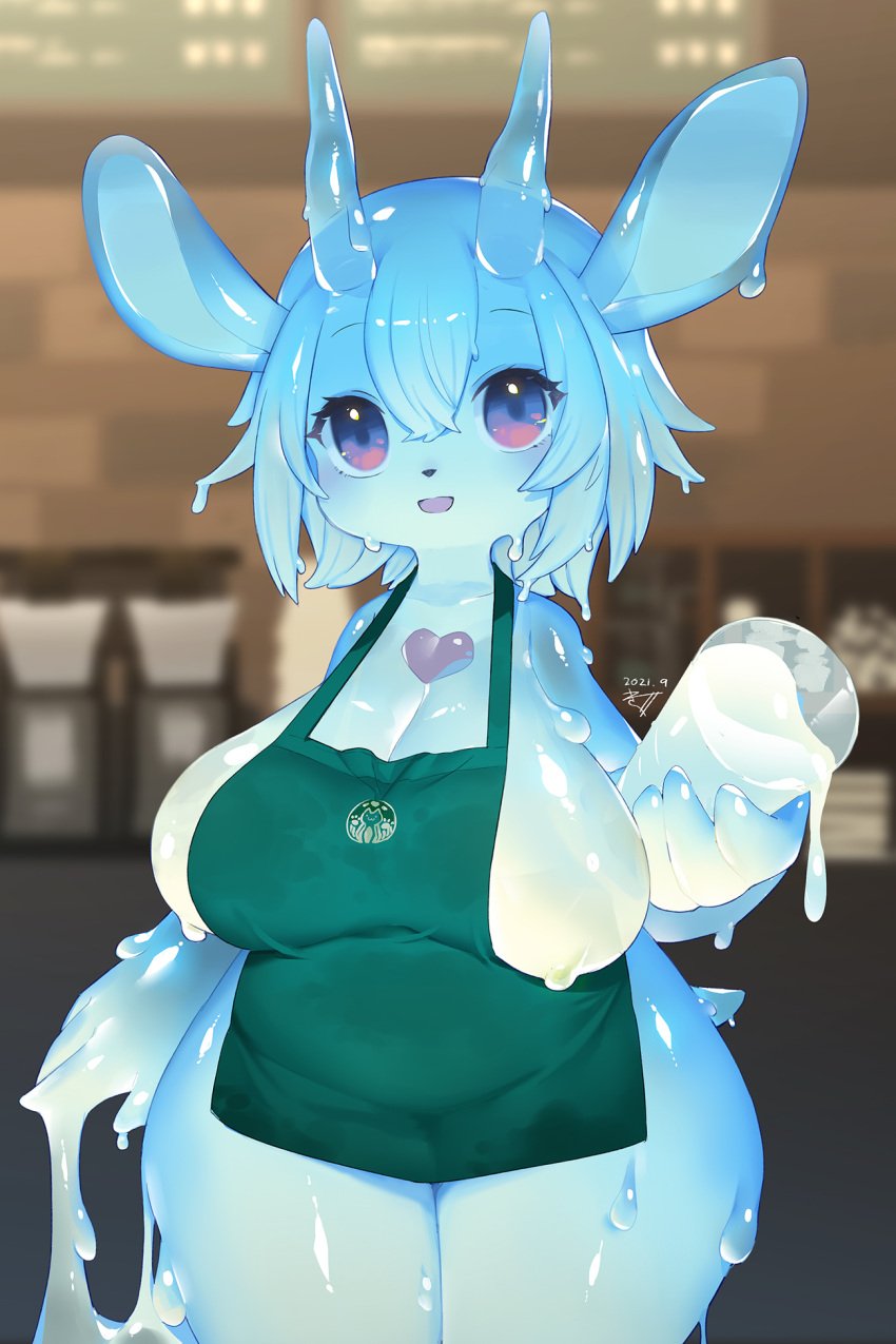 :d anthro apron apron_only belly big_ears blue_slime chubby chubby_female cute happy heart horns iced_latte_with_breast_milk kishibe lactation large_breasts latte meme muffin_top oc purple_eyes short_hair shortstack slime_drip slime_girl starbucks thick_thighs wide_hips