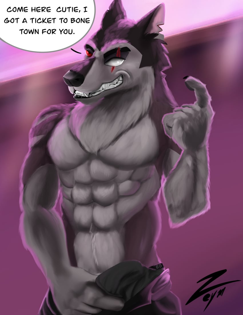 abs absurd_res anthro arm_tattoo biceps black_nose blind_eye bulge canid canid_demon canine canis claws clothed clothing demon detailed_background dialogue dialogue_box digital_media_(artwork) erection eye_scar facial_scar fangs fur grey_body grey_fur hair hand_holding hellhound helluva_boss hi_res humanoid looking_at_viewer male male_only mammal multicolored_body multicolored_fur muscular muscular_anthro muscular_male neck_tuft pants_down partially_clothed pawpads pecs red_eyes scar smile solo taker_pov tattoo teeth text tuft two_tone_body two_tone_fur underwear vortex_(helluva_boss) wolf zeym