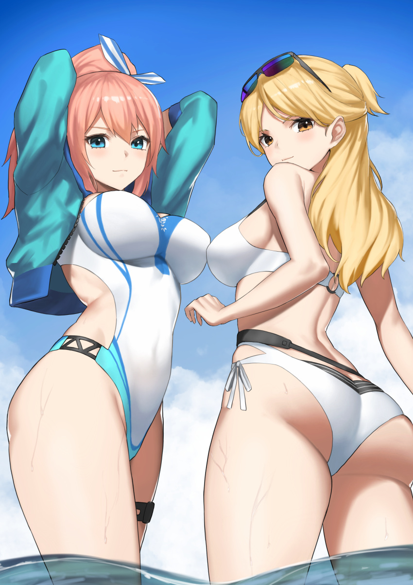 arms_up ass bikini blonde_hair blue_eyes blush breasts brown_eyes commission dhokidoki hair_ribbon kisara_(tales) large_breasts large_thighs looking_at_viewer looking_back one-piece_swimsuit pink_hair ponytail shionne_(tales) sky sunglasses_on_head swimsuit tales_of_(series) tales_of_arise thighs water