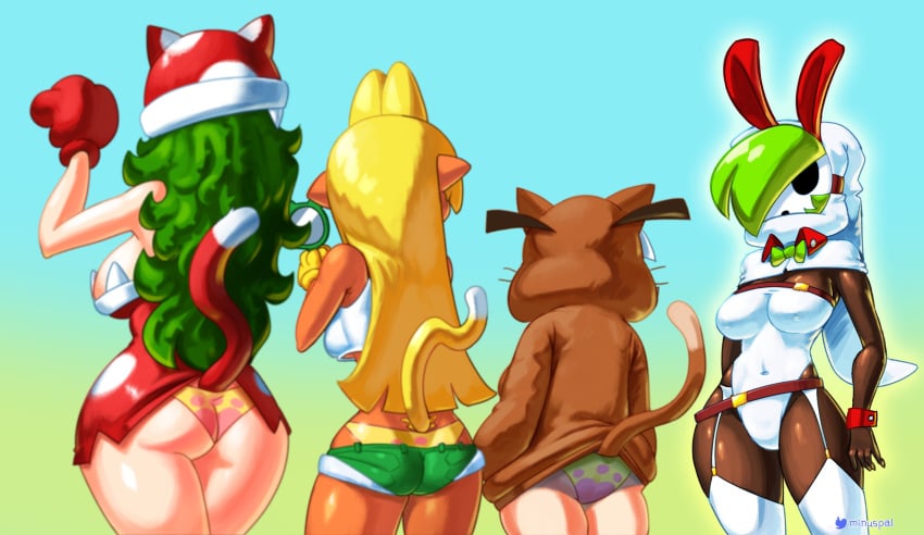 2021 4_eyes 4girls absurd_res animal_ears artist_name ass ass_cleavage back bare_shoulders belt big_ass blonde_hair blue_background bow bowser's_fury bowtie breasts brown_clothing bunny_ears bunny_girl butt_crack cat_ears cat_tail catgirl cleavage clothed clothing covered_navel crop_top dark-skinned_female dark_skin facing_away female female_only garter_belt gloves goomba goomba_girl gradient_background green_hair green_panties hand_mirror hands_in_pockets hat height_difference highres holding_mirror hoodie kemonomimi_mode koopa koopa_girl large_breasts leotard long_hair mario_(series) mask medium_breasts messy_hair minus8 mirror multi_eye multiple_girls nintendo nipple_bulge panties pantyshot pantyshot_(standing) paw_gloves paw_print paws pink_panties piranha_plant piranha_plant_girl pointy_ears polka_dot polka_dot_dress purple_panties raised_tail red_dress red_gloves short_hair short_shorts shorts shy_gal shy_guy signature simple_background standing strapless strapless_dress strapless_leotard super_mario_3d_world tail tan tank_top thick_thighs thighs twitter_username underboob underwear very_long_hair waist watermark whiskers white_clothing white_hair white_leotard wide_hips wrist_cuffs yellow_gloves yellow_panties zettai_ryouiki