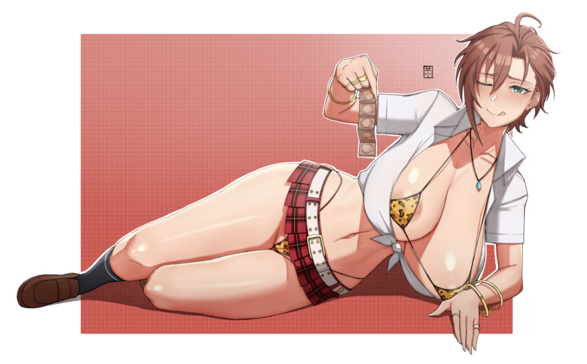 1girls american_school bimbo bracelet brown_hair condom_packet_strip green_eyes handplug huge_breasts idolmaster idolmaster_cinderella_girls kiba_manami large_breasts leopard_print lying_on_side microskirt midriff on_side plaid_skirt short_hair skirt slutty_outfit solo thighs thong_above_skirt thong_panties thong_straps tied_shirt whale_tail wink