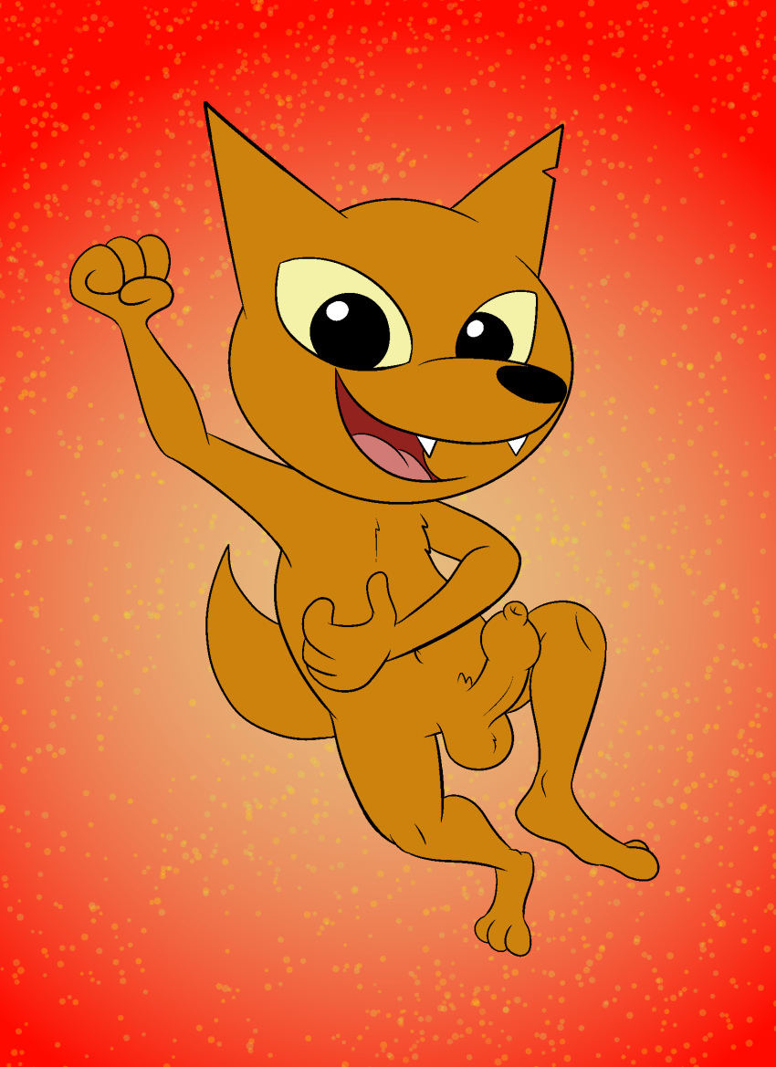 abstract_background anthro balls canid canine darkajugin erection fangs foreskin fox fur genitals gregg_lee hi_res jumping male mammal night_in_the_woods nude orange_body orange_fur penis solo tight_foreskin video_games yellow_eyes