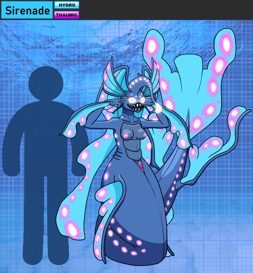 absurd_res anglerfish anglerfish_humanoid anthro bioluminescence bioluminescent_eyes blue_background blue_body blue_skin female fin fish genitals gills glowing glowing_eyes glowing_genitalia glowing_markings glowing_nipples glowing_pussy goosefish hi_res hypnosis hypnotic_eyes hypnotizing_viewer marine markings merfolk mermaid_tail mind_control nipples pussy rottentuttifrutti sharp_teeth simple_background solo split_form teeth