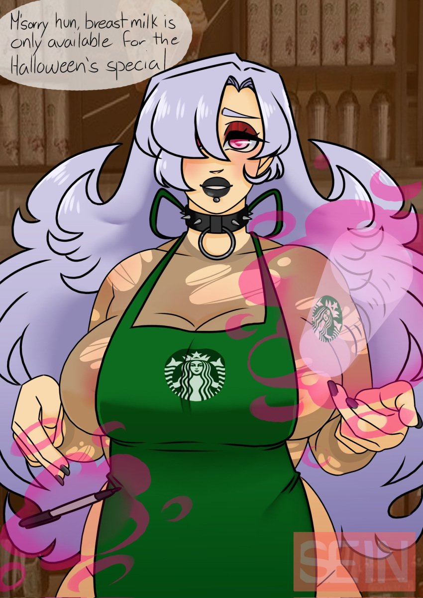 apron busty female female_focus female_only hourglass_figure iced_latte_with_breast_milk meme sein solo tagme waitress waitress_uniform wide_hips