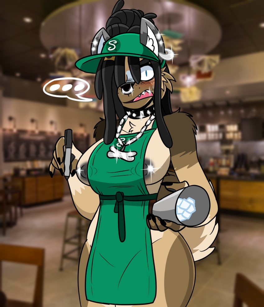 apron busty darkwolfhybrid female female_focus female_only furry hourglass_figure iced_latte_with_breast_milk meme nikole_(darkwolf) solo tagme waitress waitress_uniform wide_hips