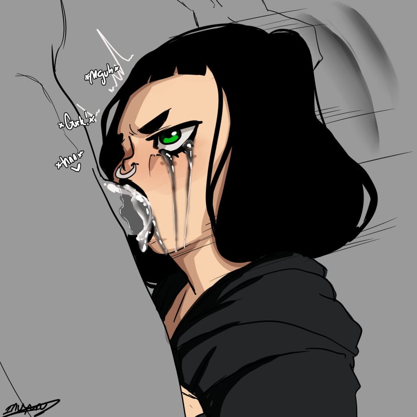 1boy 1girls angry black_hair blowjob blush clothed_female clothed_female_nude_male clothed_sex cum cum_in_mouth cum_in_throat cum_inside deep_blowjob deepthroat deepthroat_mark emo eyelashes fellatio femsub freckles fringe gag gagging goth green_eyes grey_background hand_on_head hoodie i_am_not_starfire inuyuru lipstick lipstick_mark lipstick_marks lipstick_on_penis maledom mandy_koriand'r mascara nose_piercing oral oral_sex piercing running_mascara runny_makeup shirt small_fringe tears text twintails