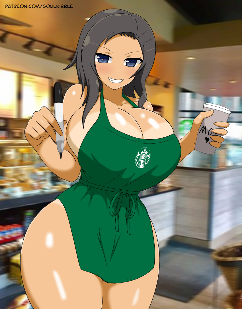 big_breasts blue_eyes brown_hair homura_(senran_kagura) iced_latte_with_breast_milk meme naked_apron senran_kagura senran_kagura_(series) soulkibble starbucks tan_skin tanline tanlines thick_thighs