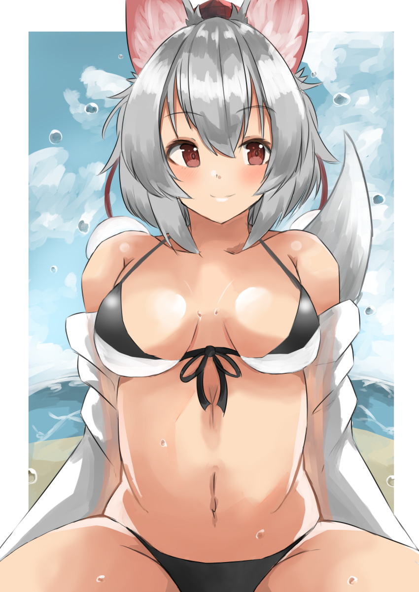 absurdres animal_ears bangs beach bikini black_bikini blue_sky border breasts cleavage closed_mouth cloud cloudy_sky female highres jacket long_sleeves looking_at_viewer momiji_inubashiri navel open_clothes open_jacket outdoors red_eyes regua see-through see-through_jacket short_hair sky smile solo swimsuit tail tan touhou water white_border white_hair white_jacket wolf_ears wolf_girl wolf_tail