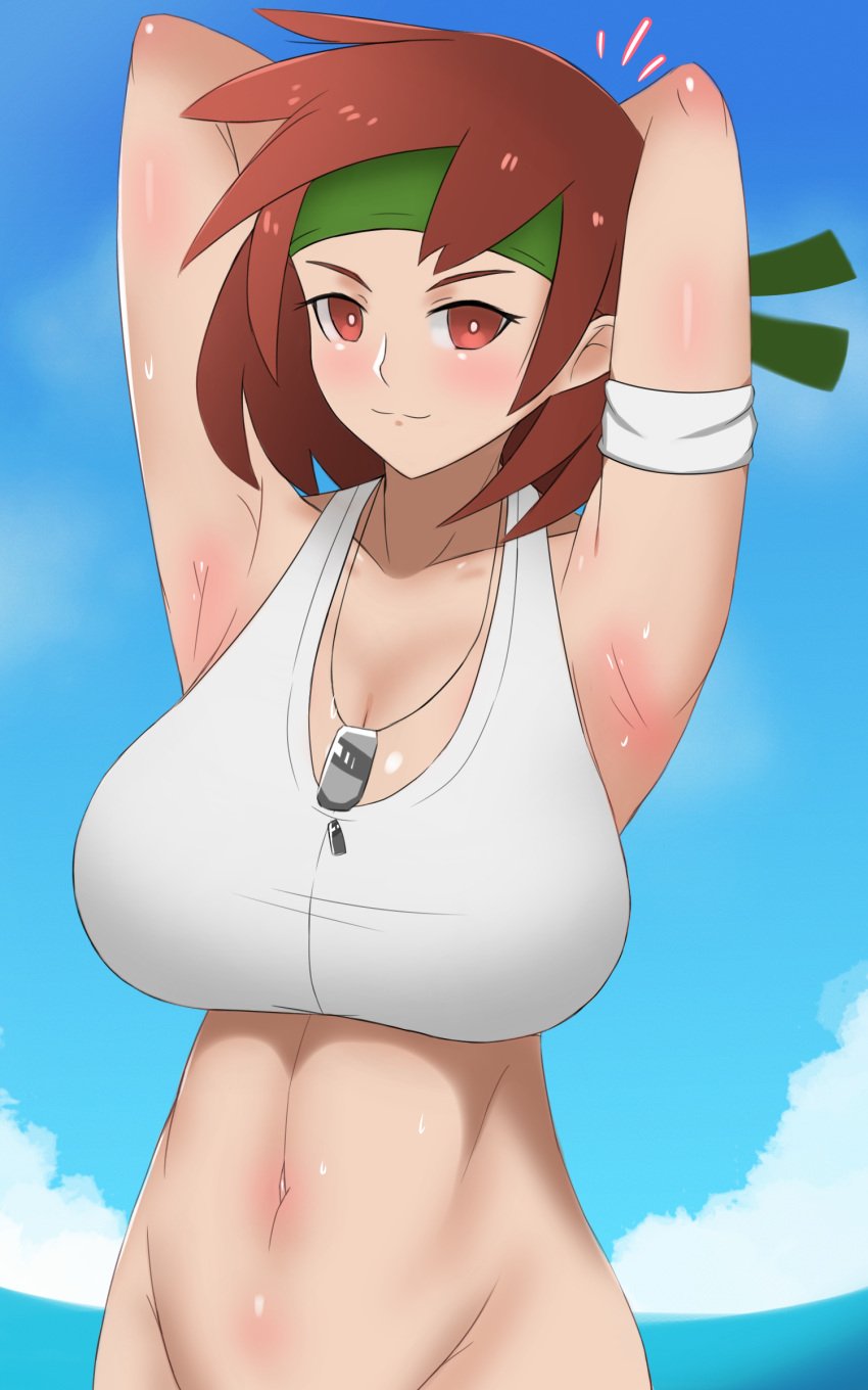 advance_wars armpits arms_behind_back arms_up bottomless breast brown_eyes brown_hair edit female female_focus female_only green_headband headband looking_at_viewer no_panties photoshop pibu red_eyes red_hair sami sami_(advance_wars) smiling sports_bra sweat tomboy tummy white_bra