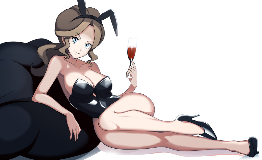 black_heels blue_eyes breasts brown_hair bunny_ears cougar female female_focus female_only heels looking_at_viewer milf mother_(pokemon_bw) nintendo older_female pokemon pokemon_bw smile smiling smiling_at_viewer solo_female thighs vivivoovoo wine_glass