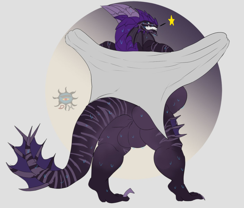 anthro ass backsack balls belly big_balls black_body daikuhiroshiama dragon frill_(anatomy) genitals hi_res horn ixen male nude purple_body purple_scales rear_view scales scalie solo standing towel wet