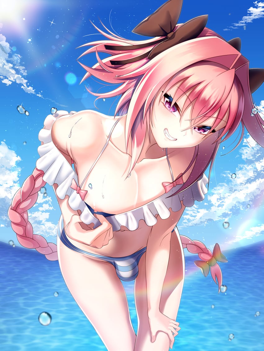 1boy aka_syakkou astolfo_(fate) balls beach bikini braided_hair bulge eye_contact fate/grand_order fate_(series) femboy girly looking_at_viewer male male_nipples nipples penis_bulge pink_eyes pink_hair smile solo swimsuit thighs