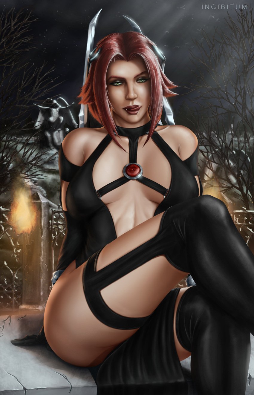 areolae big_breasts bloodrayne breasts busty female female_focus female_only hourglass_figure ingibitum makeup nipples rayne red_hair solo tagme wide_hips