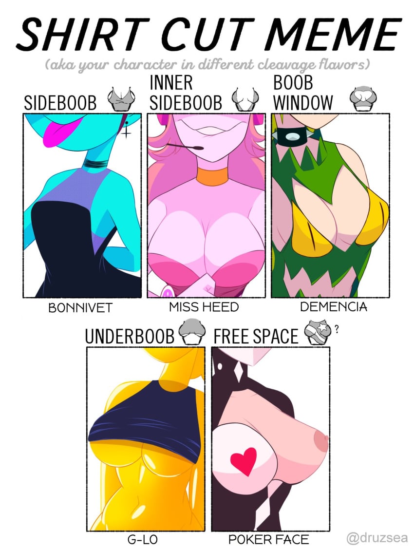 5girls bonnivet_(villainous) breasts cartoon_network clothing demencia_(villainous) druzsea female_only g-lo_(villainous) meme miss_heed_(villainous) poke_face poker_face_(villainous) shirt_cut_meme smile superheroine tagme transparent_body villain villainous