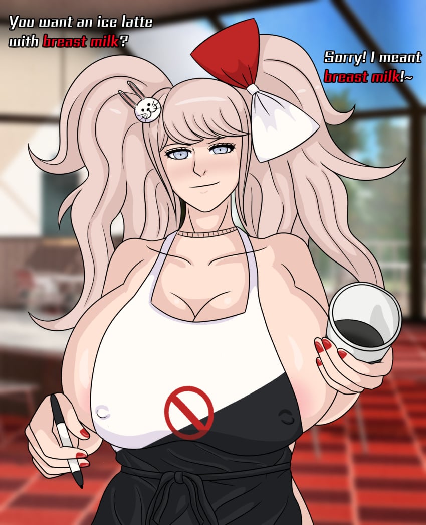 1girls alternate_breast_size apron apron_only big_breasts blonde_hair bow breasts danganronpa eroticaquatic gigantic_breasts hairclip half_naked huge_breasts hyper_breasts iced_latte_with_breast_milk junior_art_ junko_enoshima large_breasts meme nails neckband smooth_skin