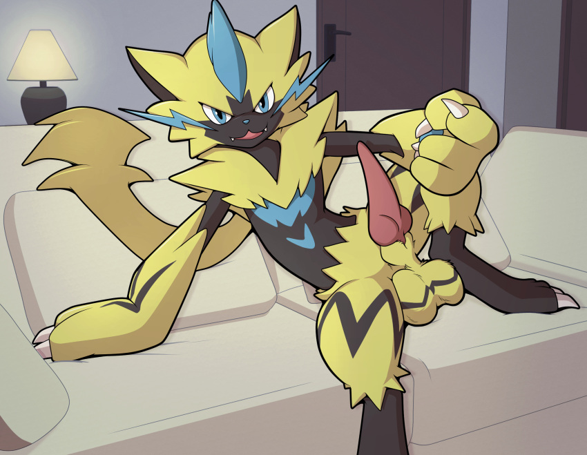 animal_genitalia anthro balls beckoning claws colrblnd erection furniture genitals gesture hi_res legendary_pokémon male nintendo pokémon_(species) pokemon sheath sofa solo spread_legs spreading tagme video_games zeraora