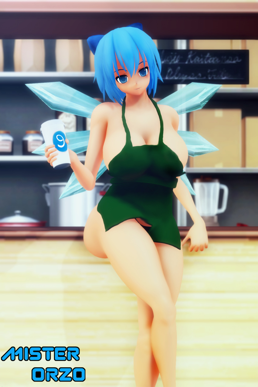 1girls 3d blue_eyes blue_hair bow breasts cirno coffee fairy fairy_wings female hair_bow huge_breasts ice ice_wings iced_latte_with_breast_milk meme mikumikudance misterorzo mmd naked_apron short_hair solo starbucks touhou wings