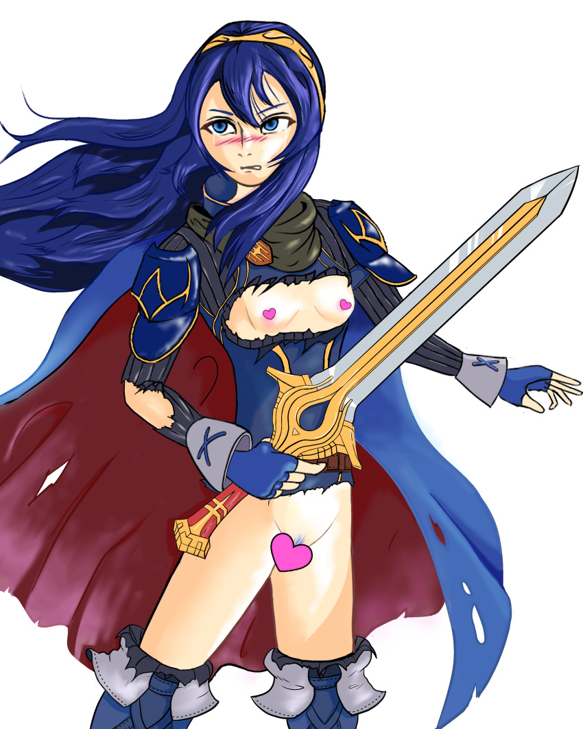 1girls bare_thighs blue_eyes blue_hair blush cape censored censored_breasts censored_nipples clenched_teeth embarrassed exposed_breasts falchion_(fire_emblem) female_pubic_hair fingerless_gloves fire_emblem fire_emblem_awakening flat_chest frown gloves heart_censor long_hair lucina_(fire_emblem) nintendo nipple_censor nipples pubic_hair small_breasts solo sword tiara torn_clothes vlueno_jupiter weapon