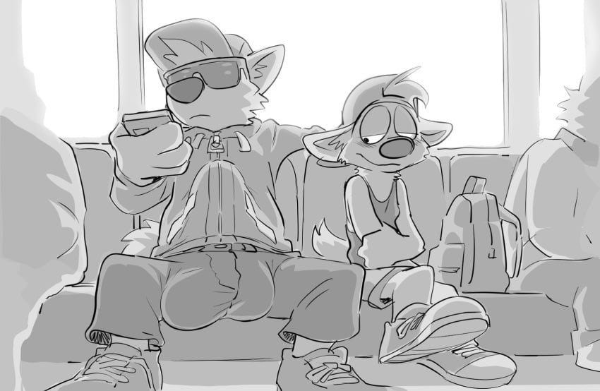 anthro big_bulge bulge canid canine canis clothed clothing cub domestic_dog duo eyewear gay hat headgear headwear hi_res huge_bulge looking_at_bulge male male_only mammal public_transportation sunglasses vexyvoo yaoi