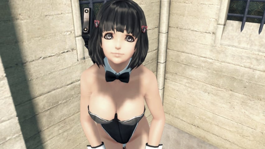 :) black_eyes black_hair bob_cut bunny_ears bunny_girl bunnysuit cutie_mark female female_only hair_ornament huge_breasts leather leotard lin_lee_koo looking_at_viewer screencap waiting xenoblade_(series) xenoblade_chronicles_x