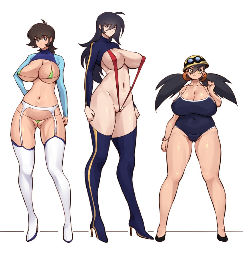 3girls bbw between_labia big_breasts bikini_bottom bikini_top black_hair blue_eyes bracelets brown_hair cleavage full_body garter_belt garter_straps getter_robo getter_robo_(tv) goggles hair_tie helmet high_heels innie_pussy jin_hayato long_hair looking_at_viewer massive_breasts monokini multiple_girls musashi_tomoe plump purple_eyes revealing_clothes rule_63 ryoma_nagare short_hair shorter_female sling_bikini slutty_outfit standing swimsuit taller_female thick_thighs thighhigh_boots thirty_8ght twintails white_background wide_hips yellow_eyes