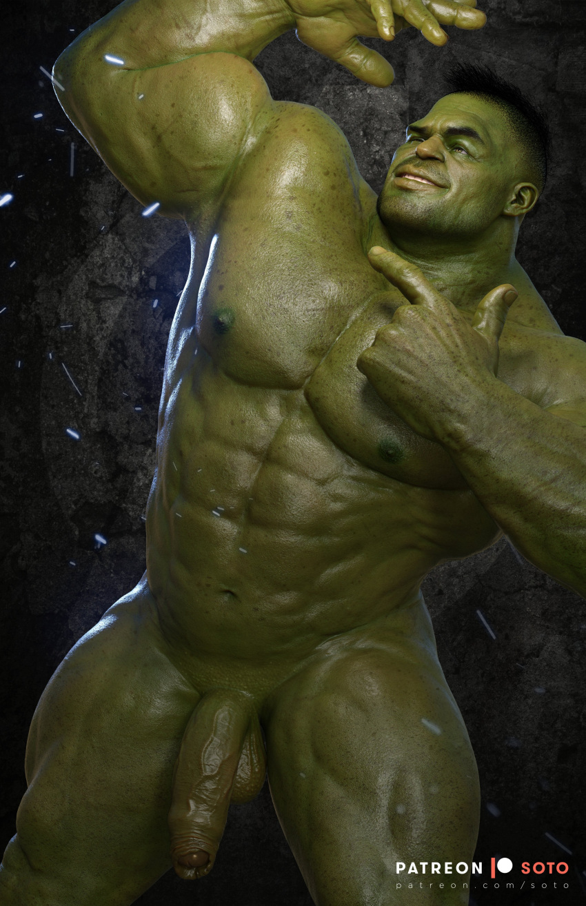 1boy 3d 3d_(artwork) abs balls ballsack bara big_biceps big_muscles flaccid_penis flexing foreskin freckled_skin green-skinned_male green_body green_eyes green_skin hulk hulk_(series) human intact male male_focus male_nipples male_only mark_ruffalo marvel marvel_cinematic_universe monster muscular_male nude_male partially_retracted_foreskin pecs penis scrotum smooth_skinned_male solo soto testicles thick_thighs uncut veiny_penis